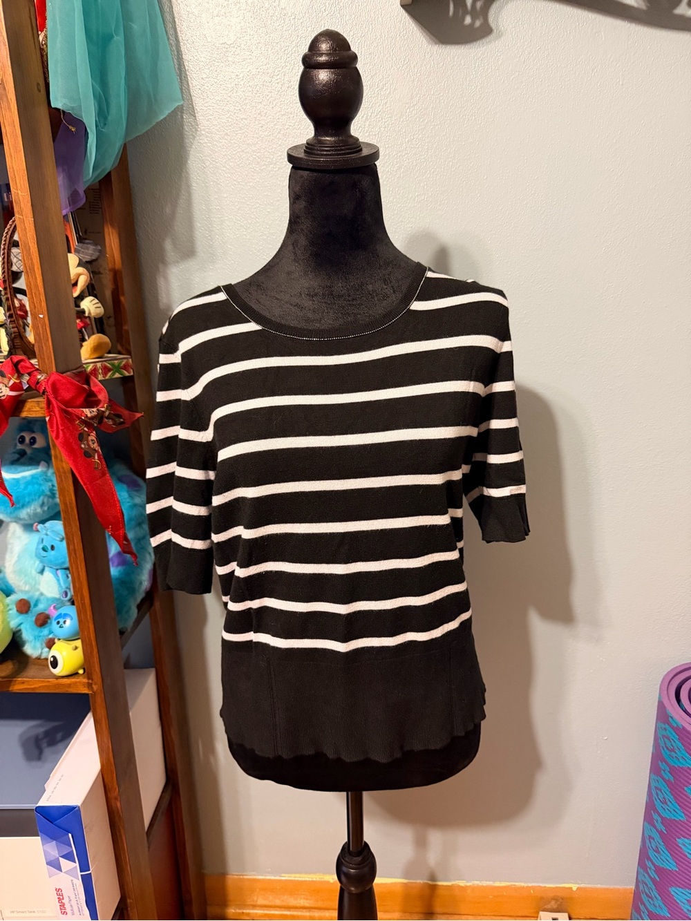 White House Black Market Black and White Striped Short Sleeve Knit Top